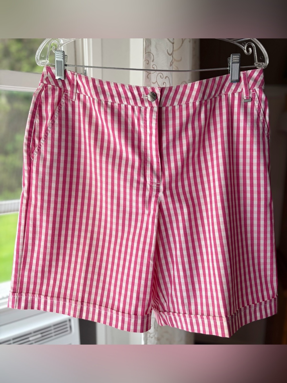 Escada Sport Pink/White Gingham 9” Shorts Preppy Resort Tennis Designer Sz L EUC